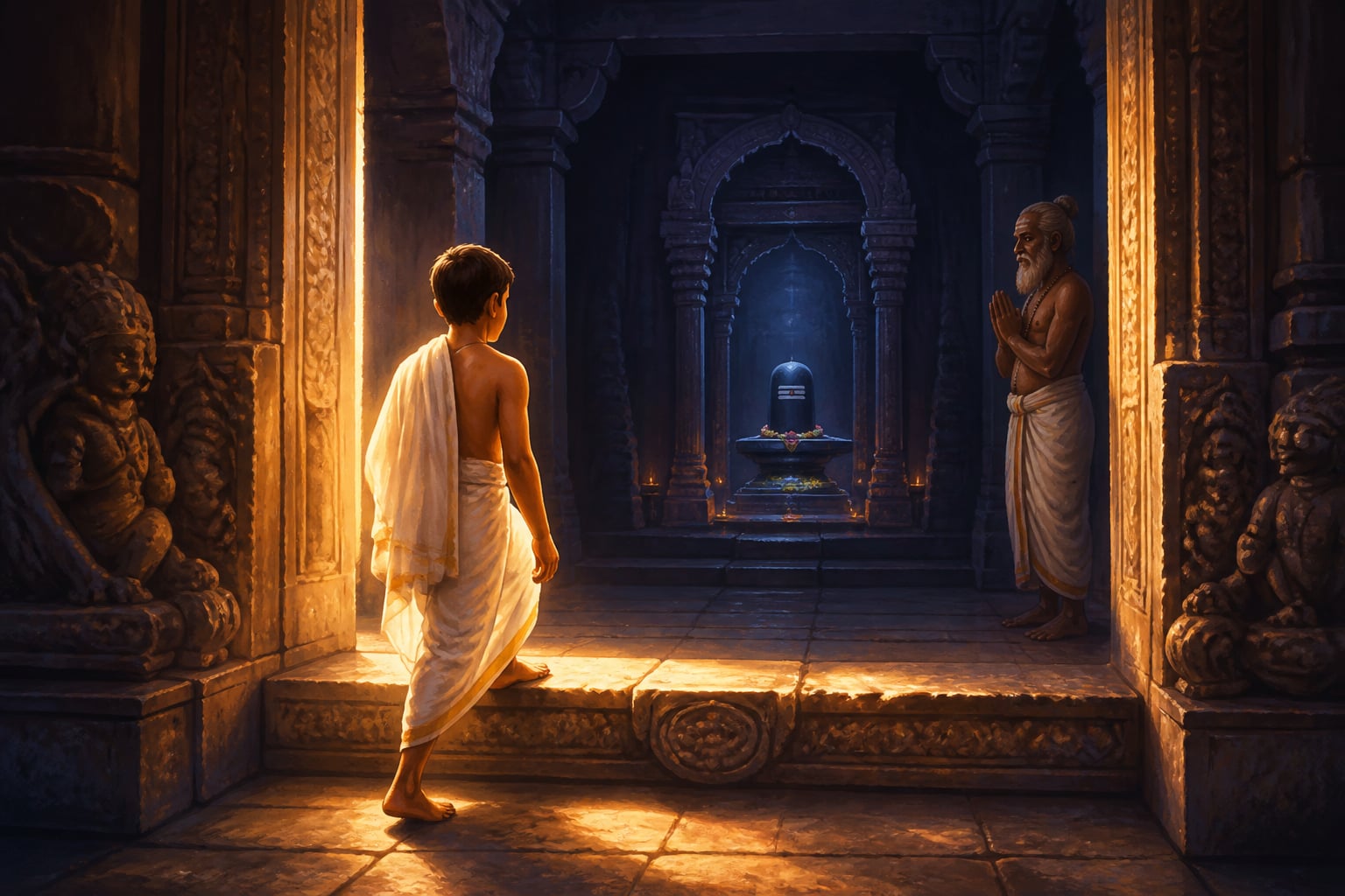 A devotee crossing the threshold of a Shiva temple sanctum