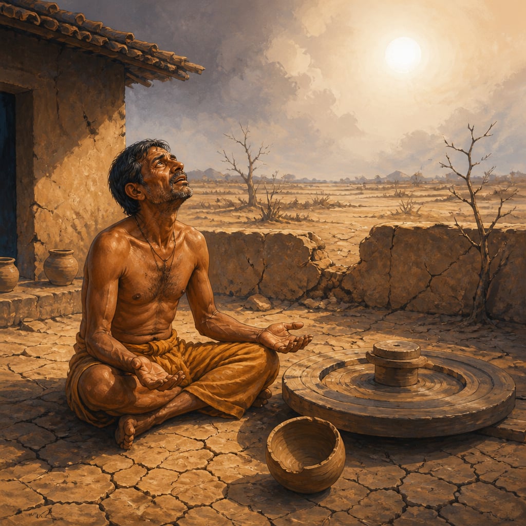 Bhanu the potter sitting on his cracked courtyard during a drought summer