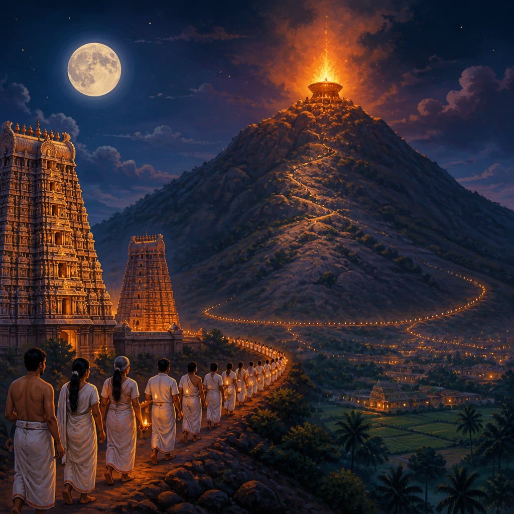 Krittika Deepam fire blazing atop Arunachala on a full-moon night