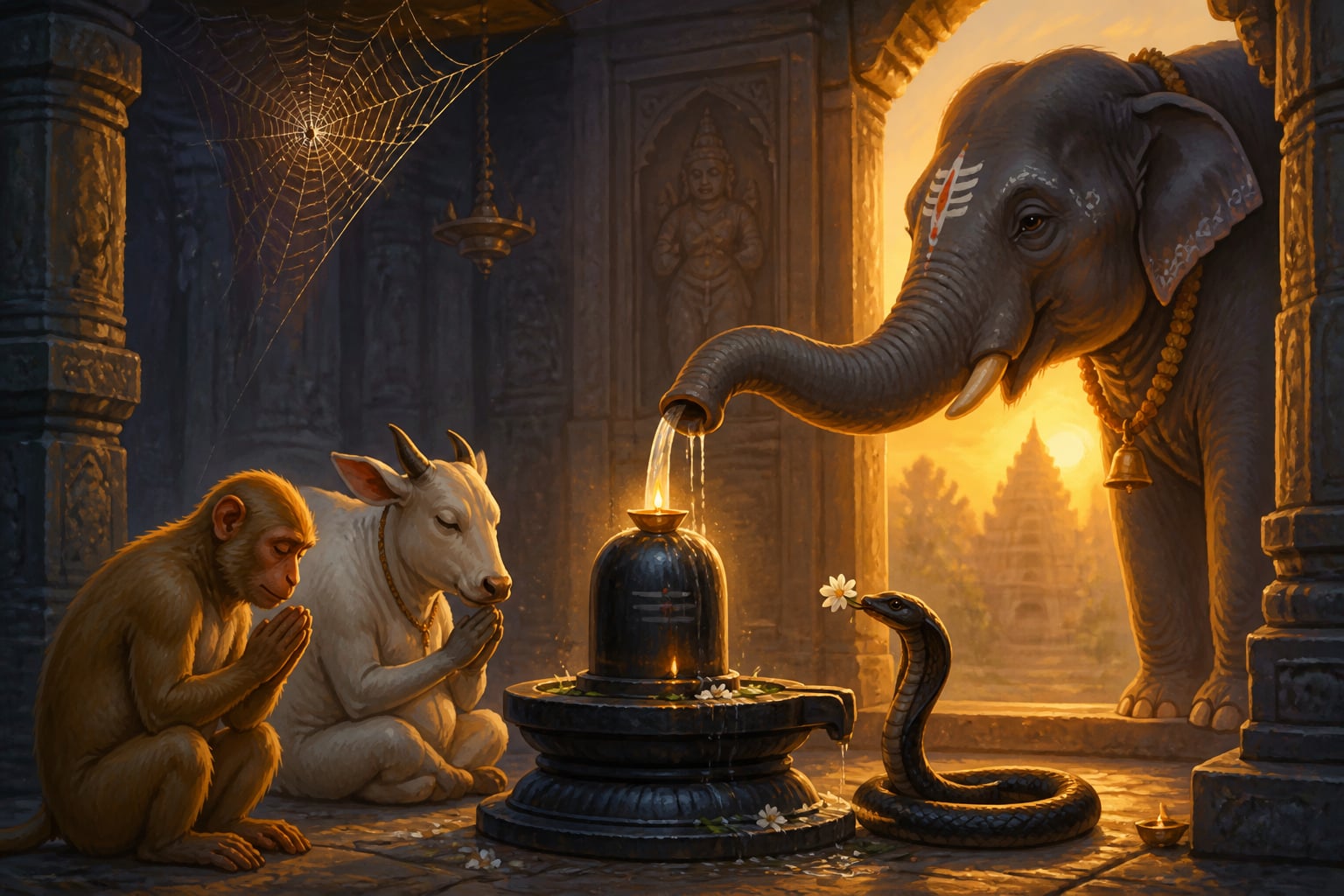 Spider, snake, and elephant worshipping the air-linga at Sri Kalahasti