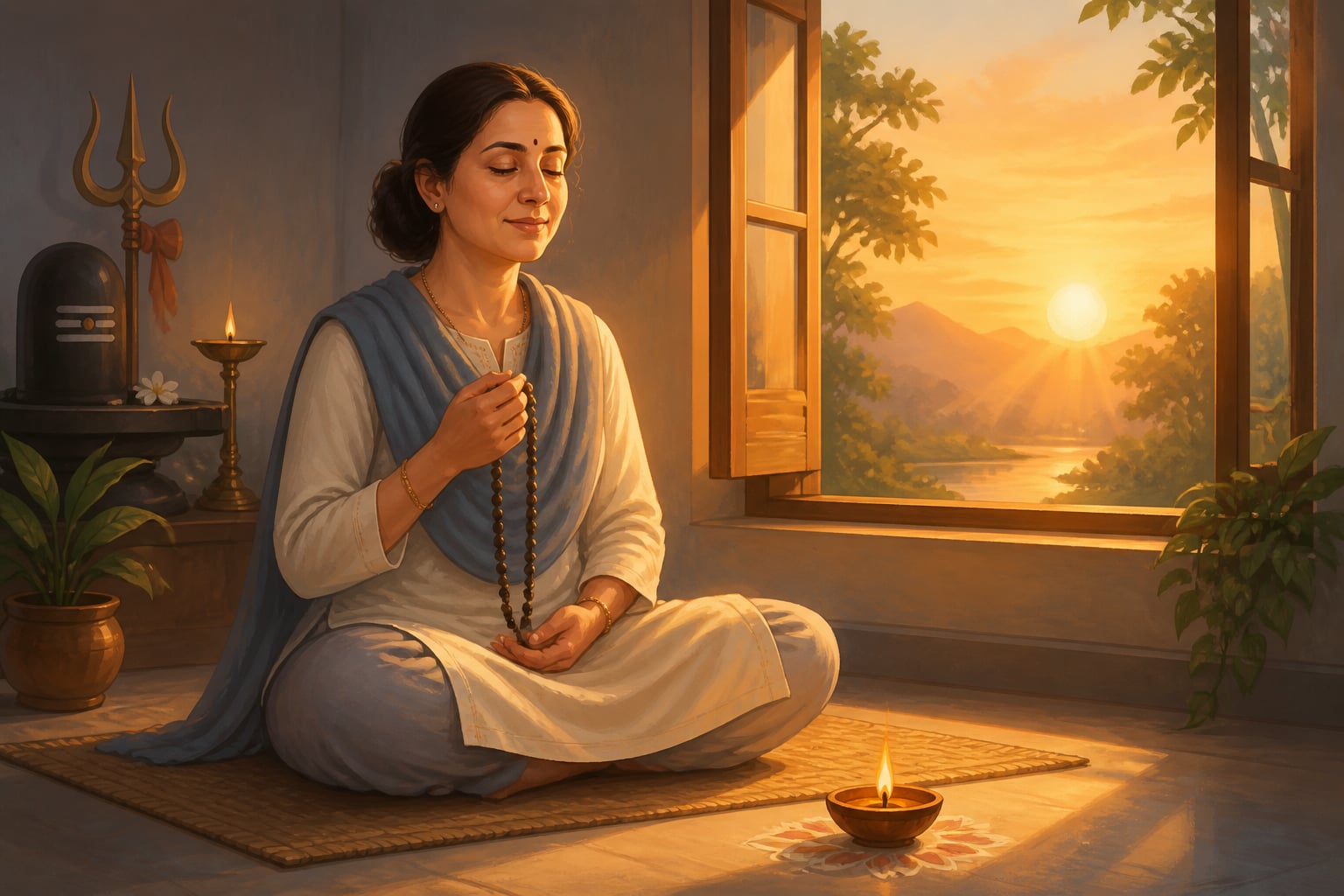 A woman doing silent japa with a rudraksha mala at dawn