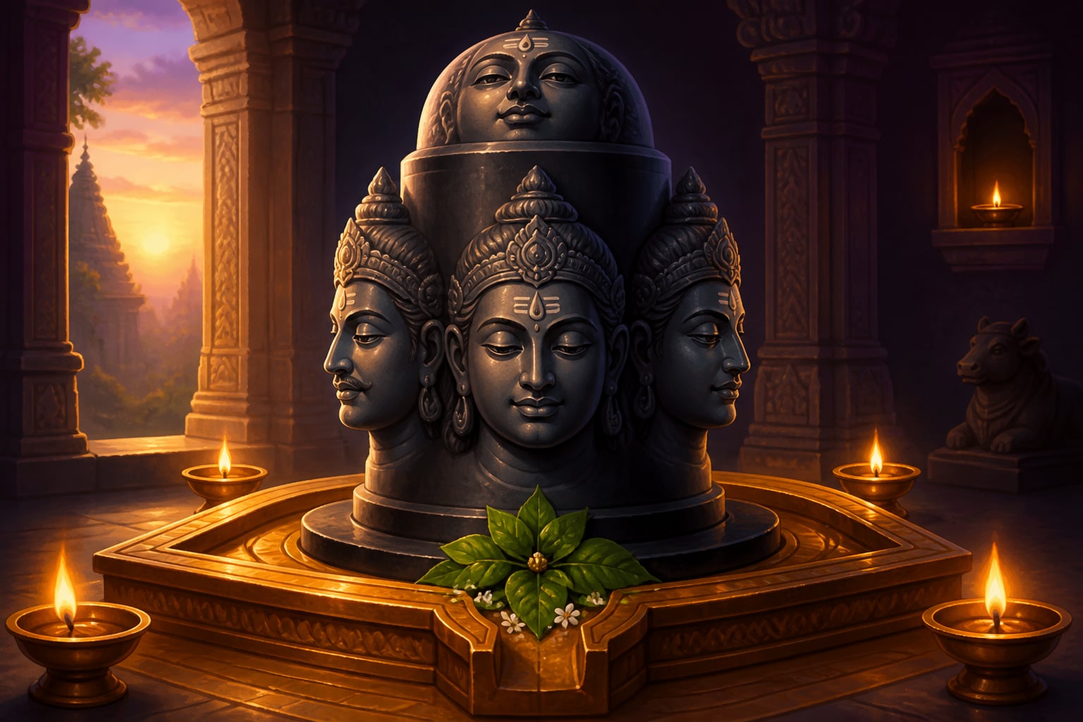 A Pancha Mukha Linga with five carved faces of Shiva