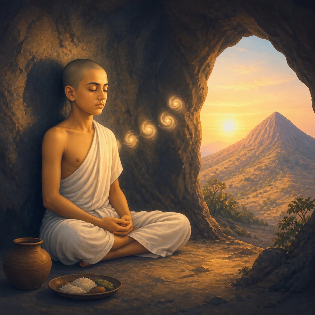 Young Ramana Maharshi meditating in a dim cave on Arunachala in 1896