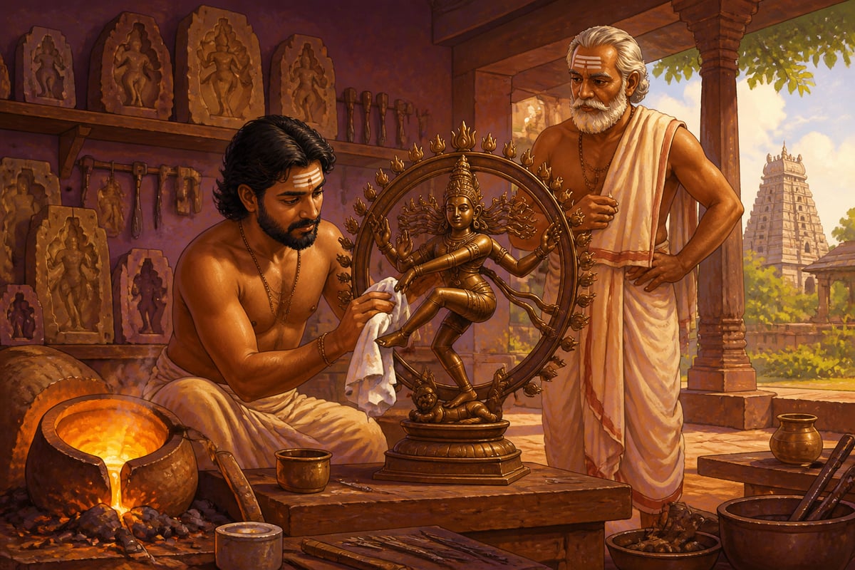 A Chola artisan polishes a finished Nataraja bronze in his workshop