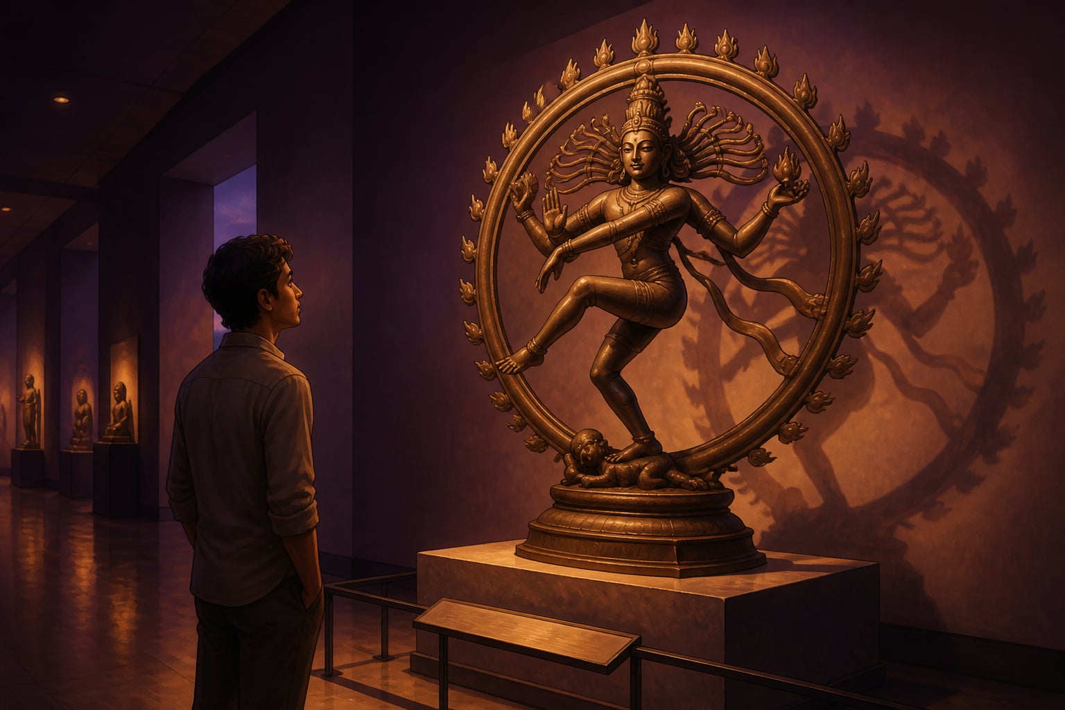 A modern visitor contemplates a Chola Nataraja bronze in a museum