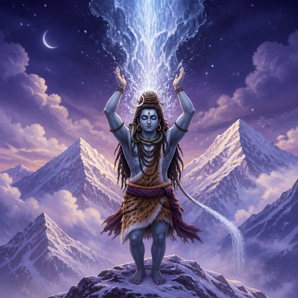 Shiva catches the falling Ganga in his matted hair