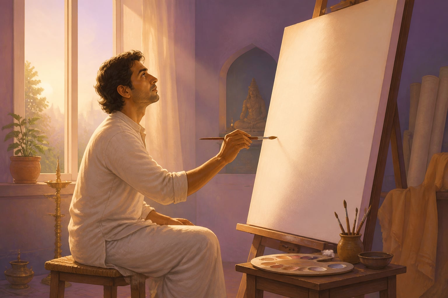 A painter pauses with brush raised before a blank canvas