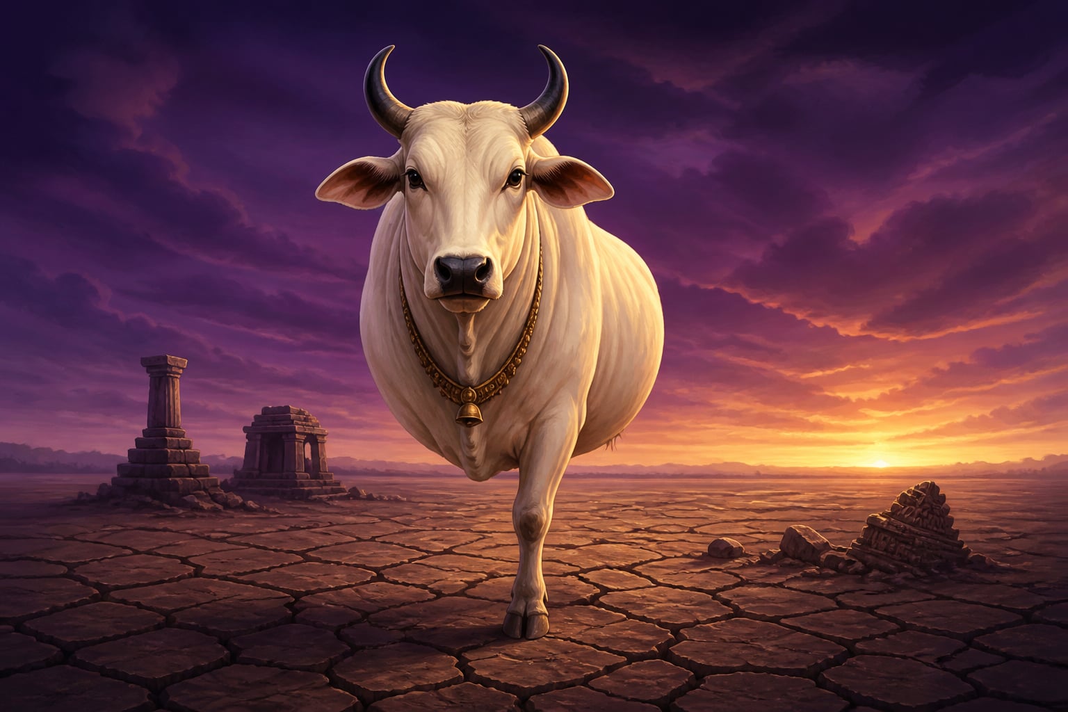 Dharma as a great white bull standing on one leg in the Kali Yuga