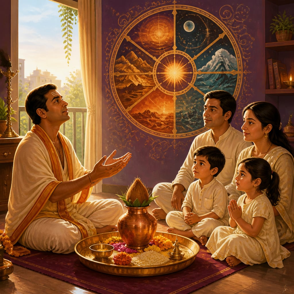 A pujari reciting the sankalpa in a Pune flat