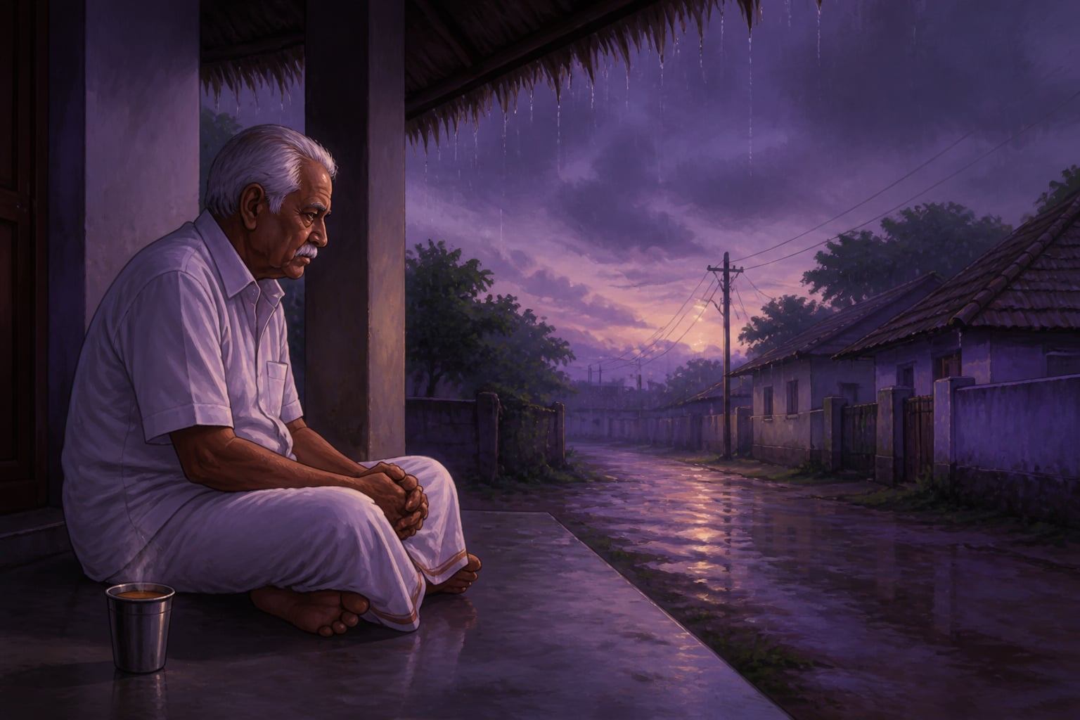 Subramaniam alone on his Vellore verandah in the monsoon twilight