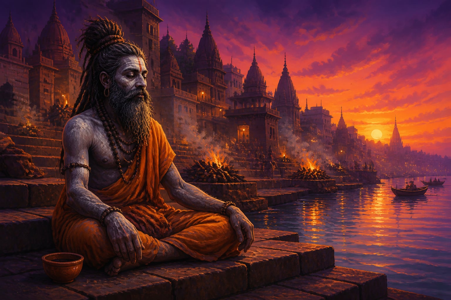 An Aghori sadhu seated at Manikarnika Ghat amid smouldering pyres