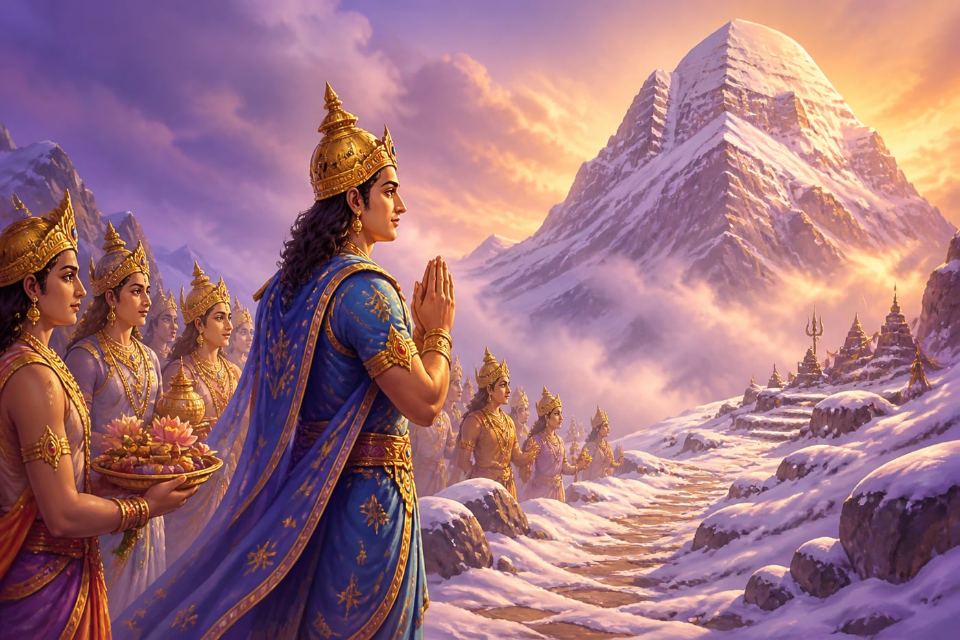Indra and the devas walking to Kailasa to seek Shiva