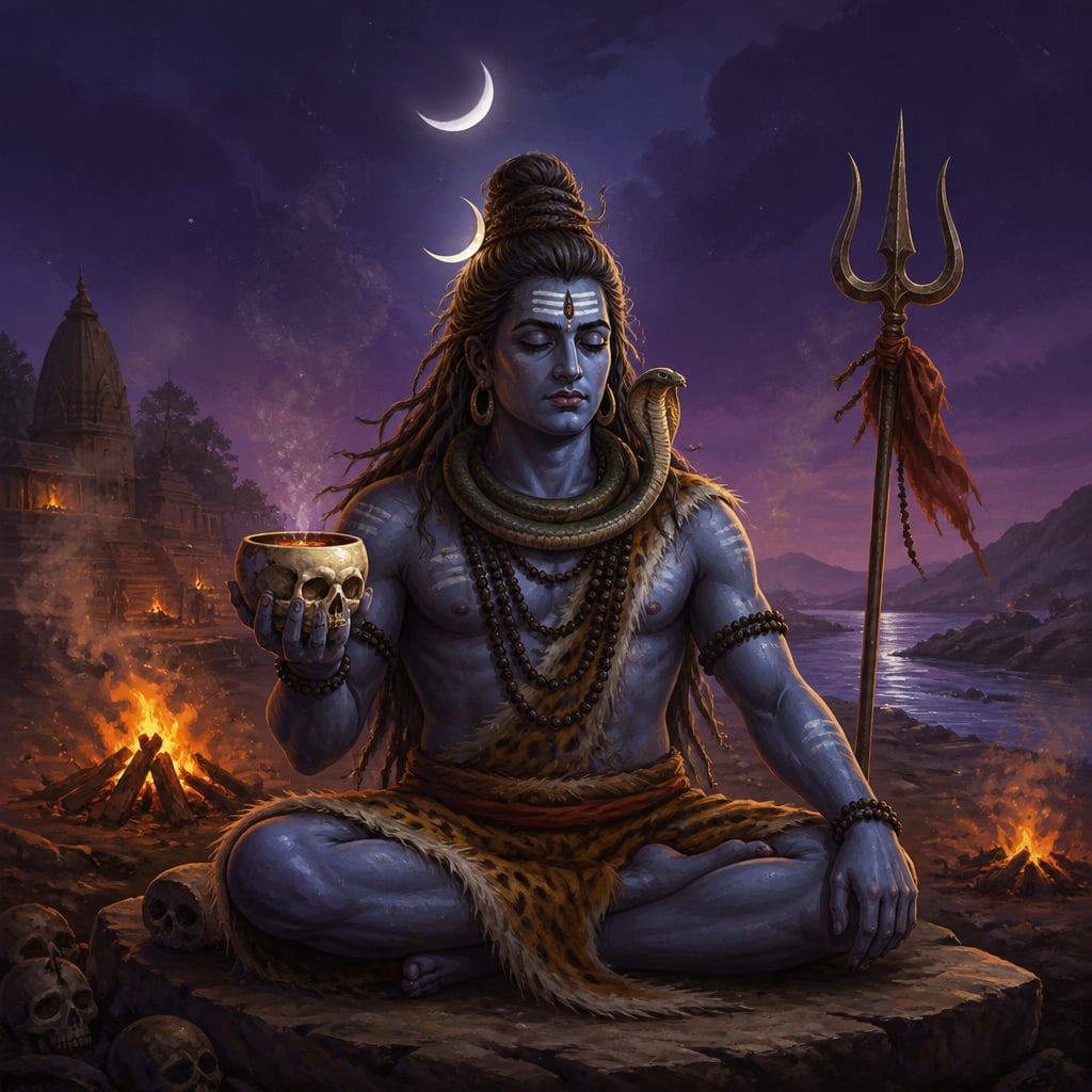 Shiva seated at a smouldering cremation ground at night
