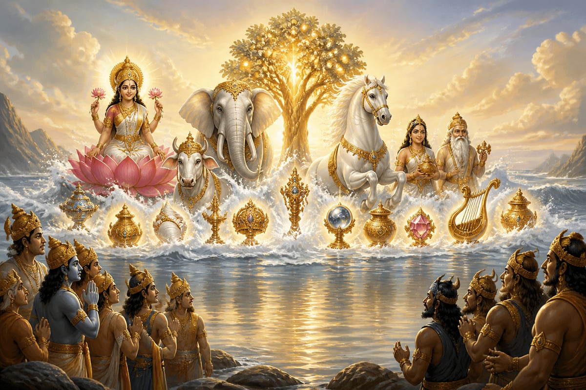 The fourteen treasures of the churning rising in luminous procession from the ocean