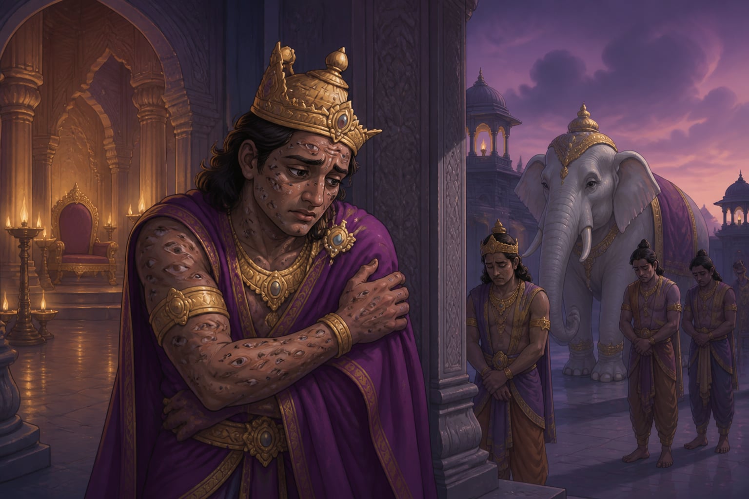 Indra hiding in shame, his body covered in the thousand marks of Gautama's curse