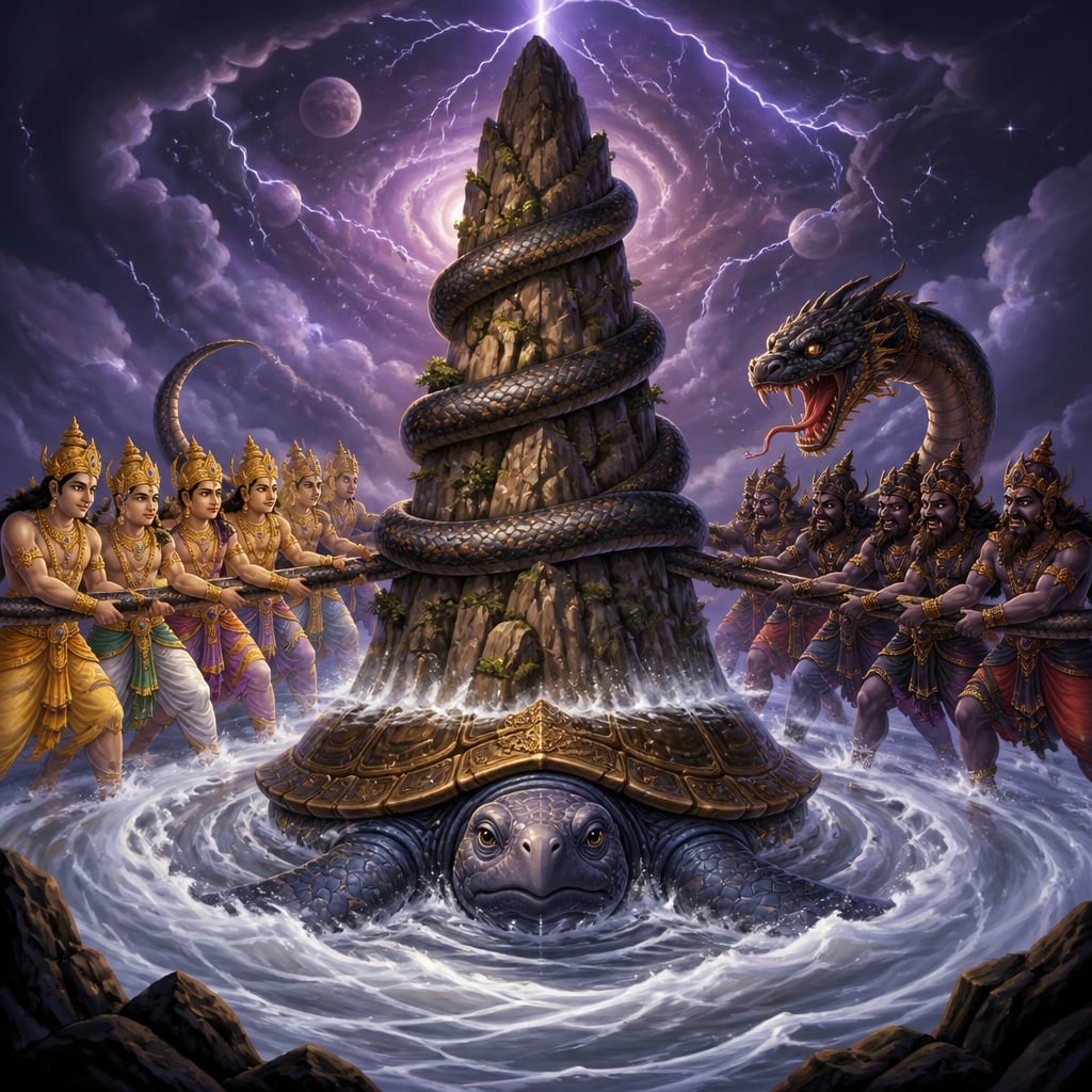 Devas and asuras churn the ocean of milk with Mount Mandara and Vasuki