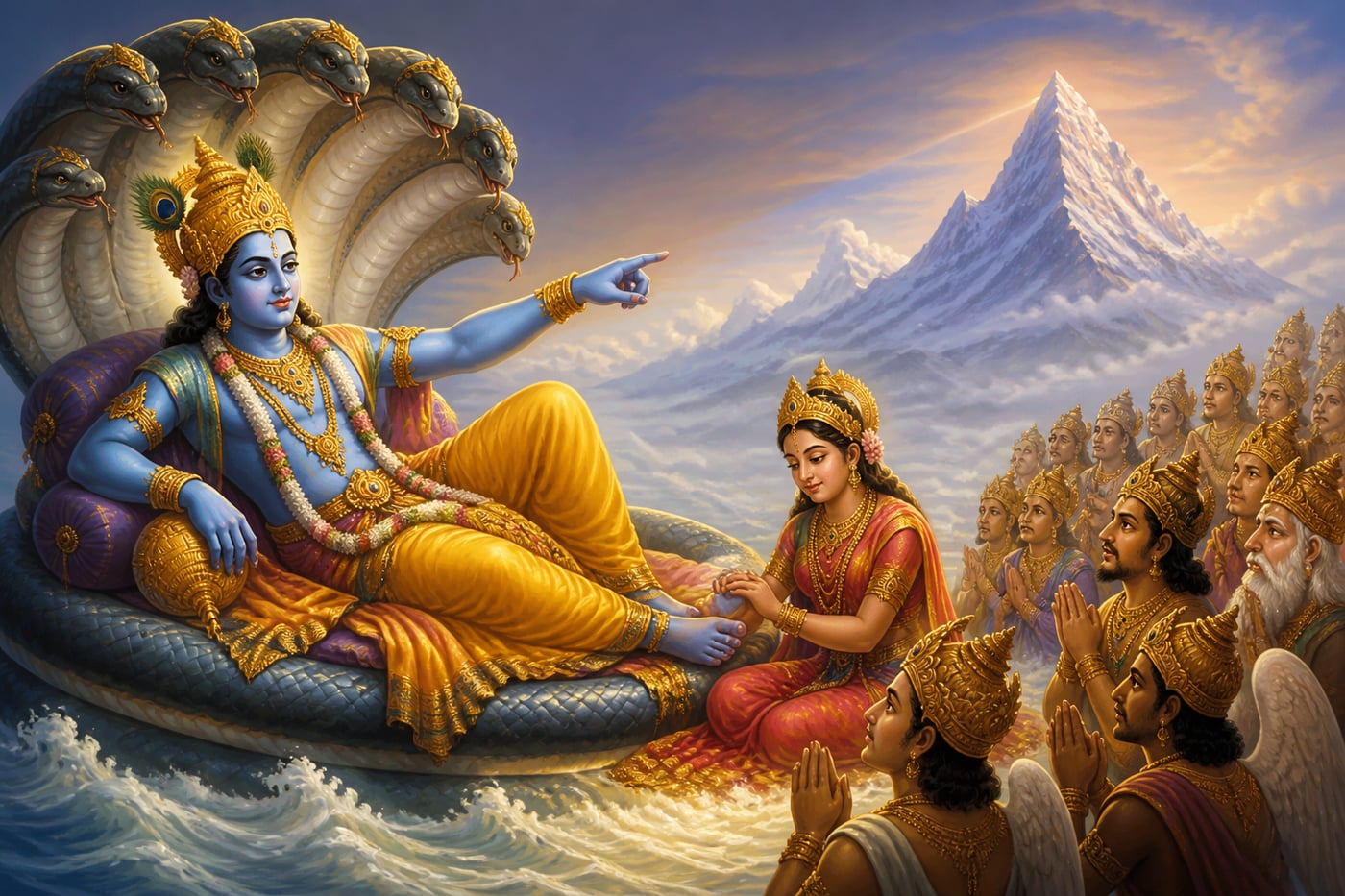The devas at Vishnu's couch in Vaikuntha being directed toward Kailasa