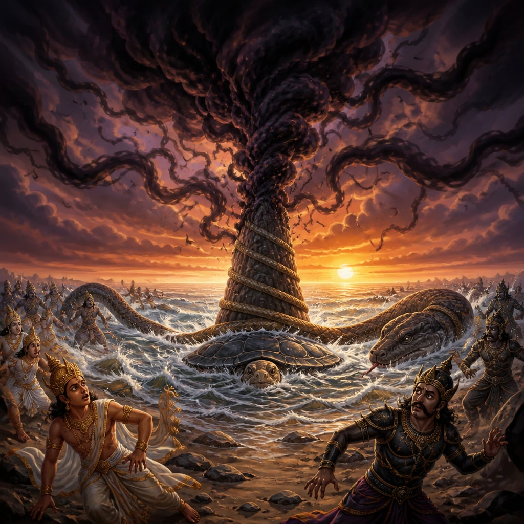 Halahala rising from the churned ocean as devas and asuras flee in terror