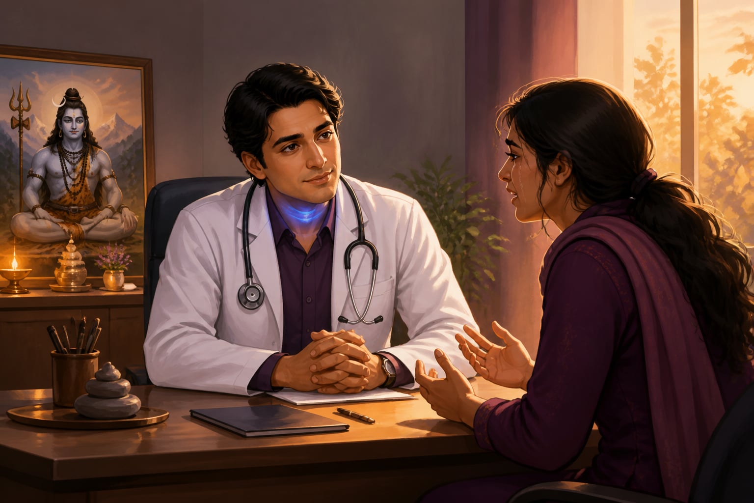 A modern doctor holding a patient's toxic story at the throat without passing it on