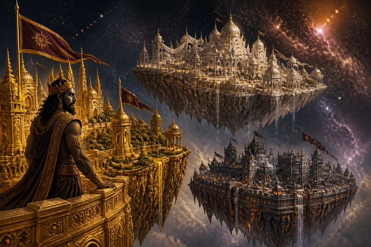 The three flying cities of gold, silver, and iron drifting in cosmic space