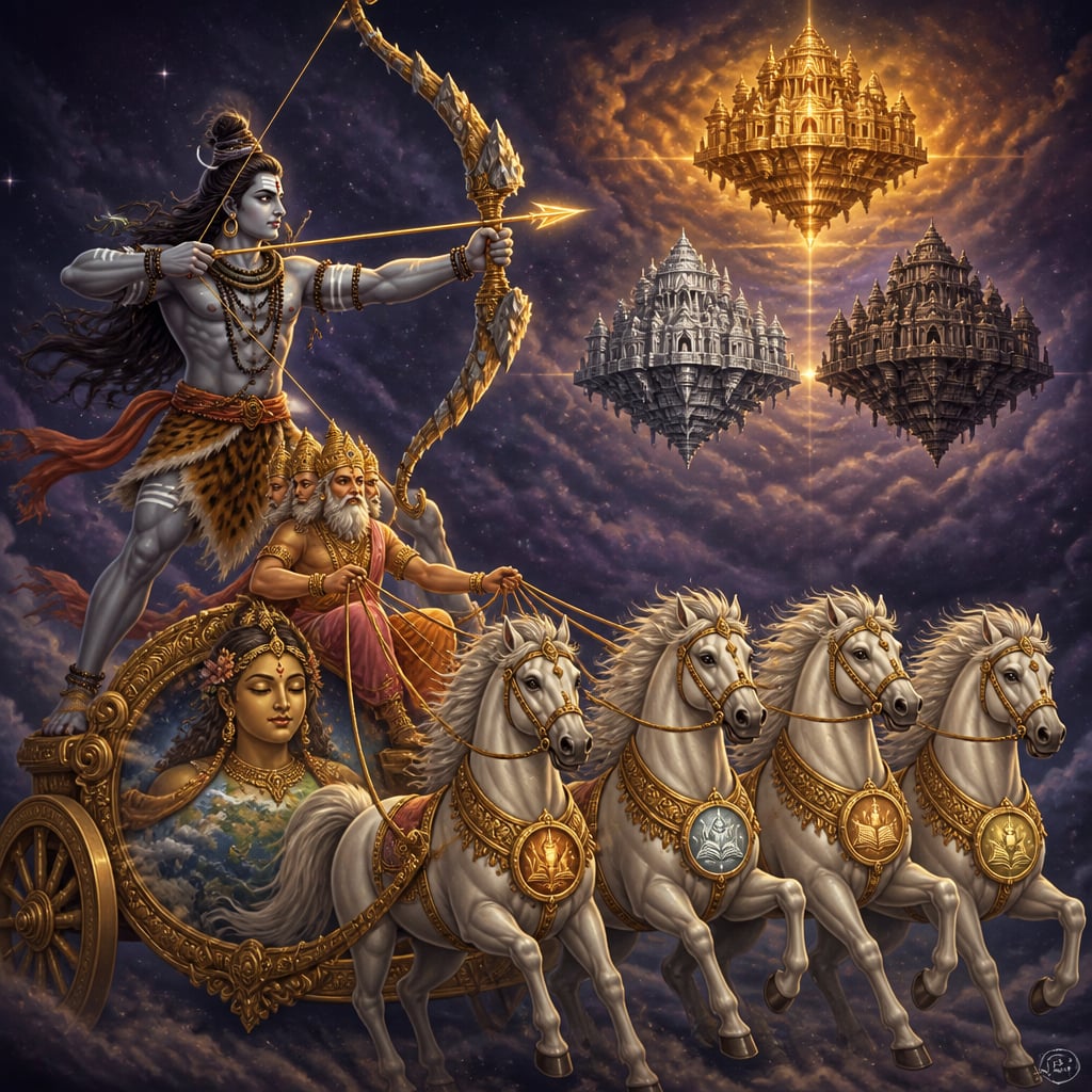 Shiva as Tripurantaka drawing the cosmic bow as the three cities align