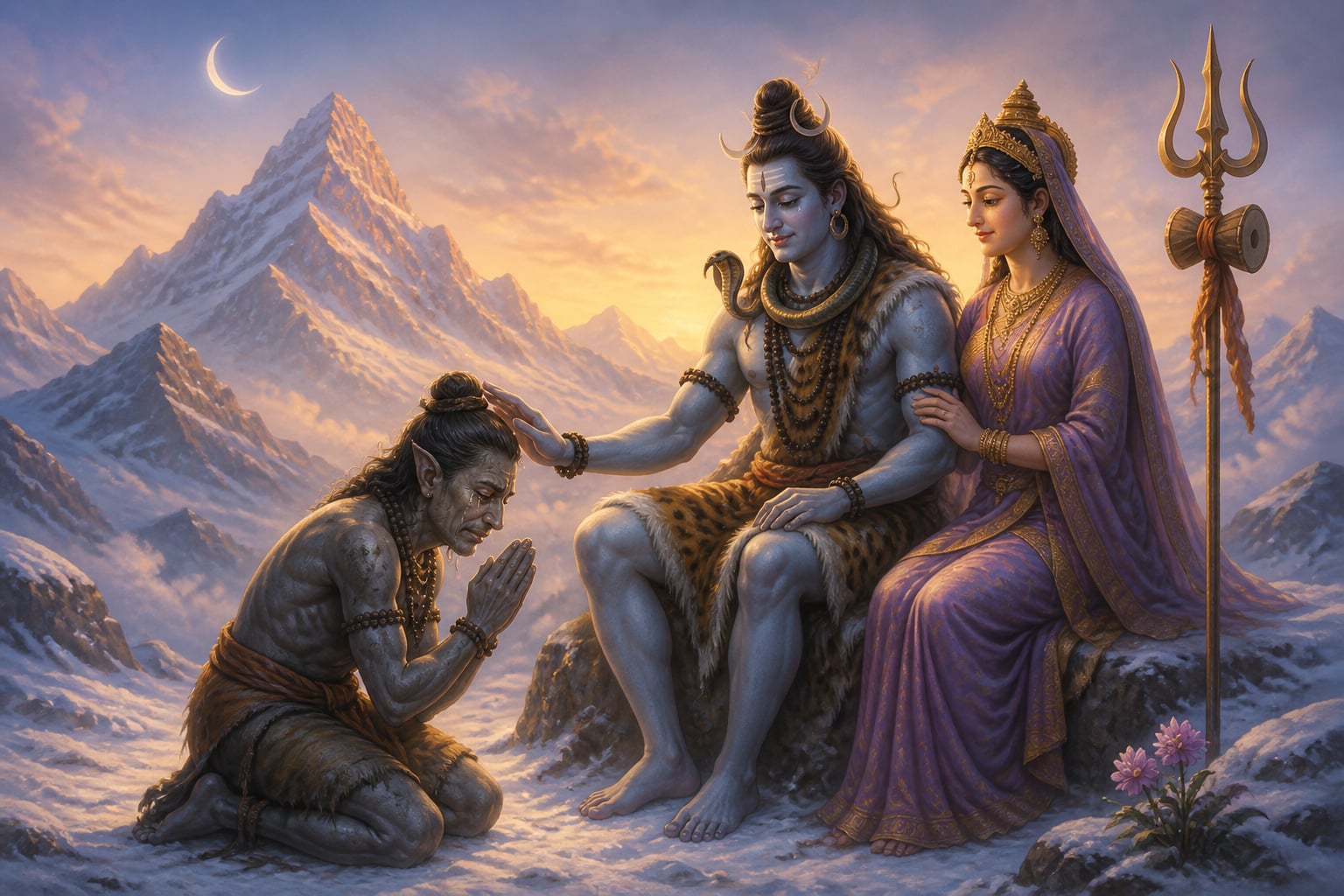 Andhaka transformed at last into a tearful devotee at Shiva's feet
