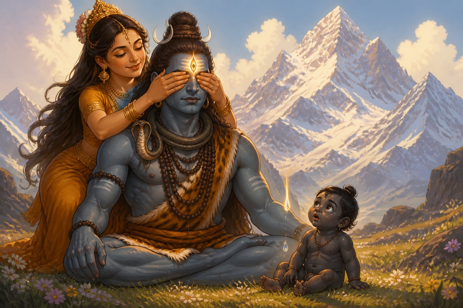 Parvati covering Shiva's eyes as the sweat-drop becomes the boy Andhaka