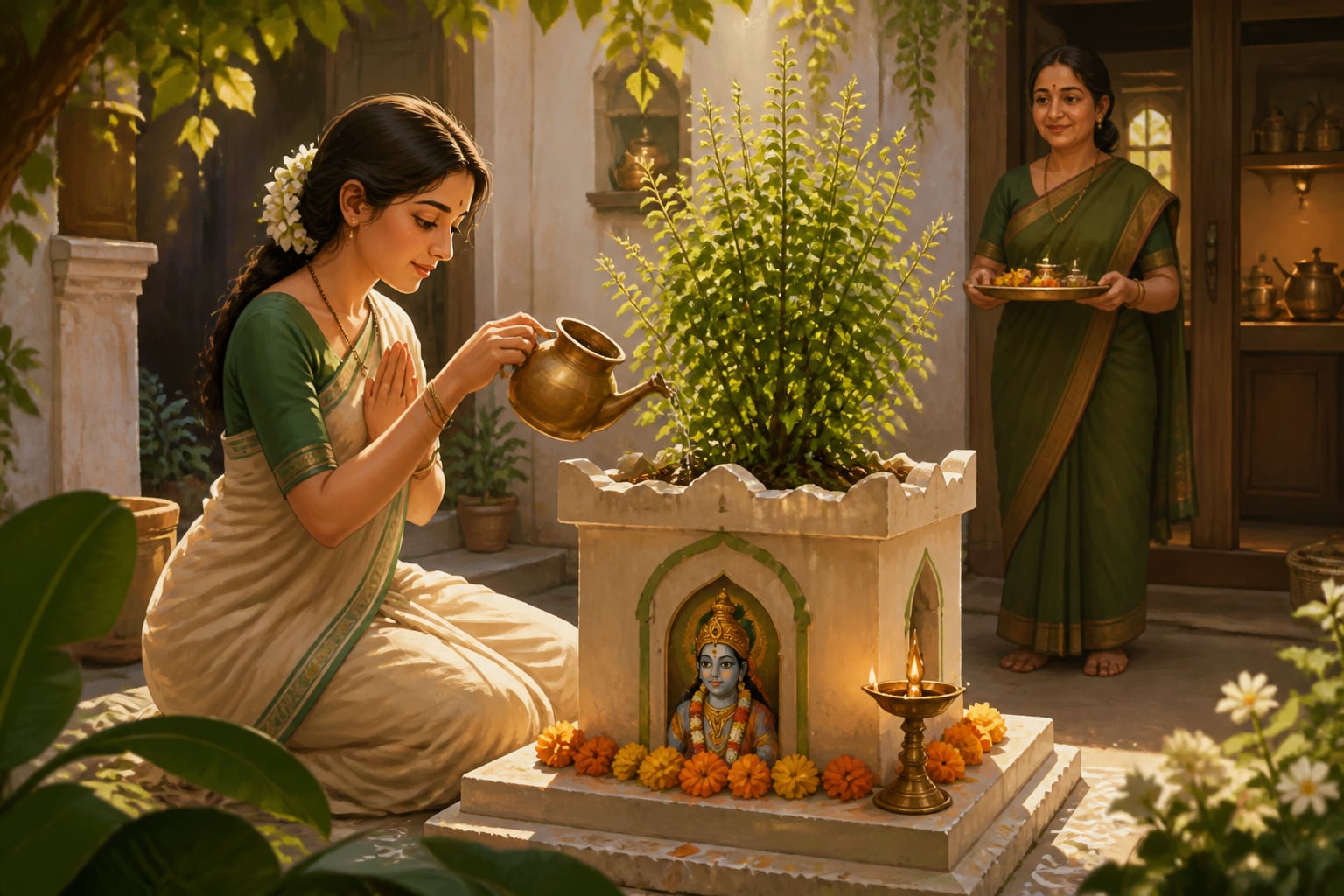 A modern morning Tulasi puja in a Vaishnava courtyard, the slow patient teacher
