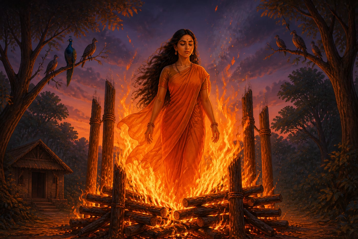Vrinda walking with quiet dignity into the funeral pyre she has built herself