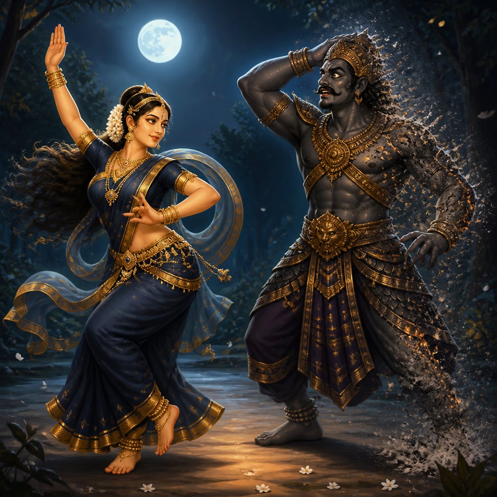 Mohini dances as Bhasmasura mirrors her palm onto his own head