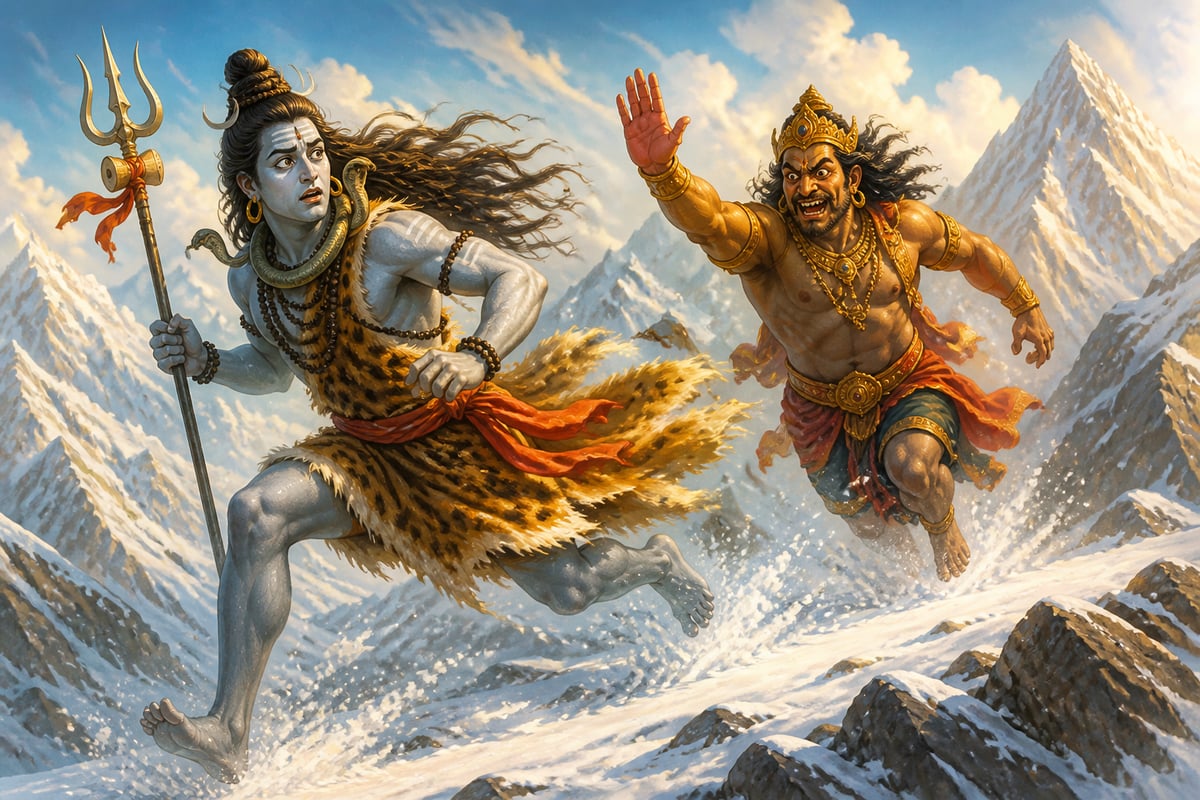 Shiva fleeing across snowy Himalayan ridges as Bhasmasura pursues with palm raised