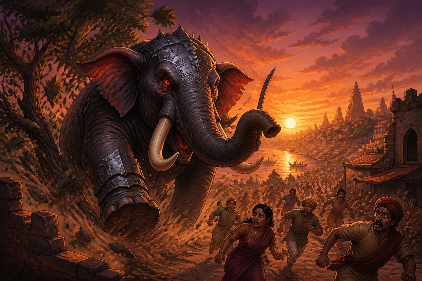 Gajasura the elephant-headed demon charging into the outskirts of Kashi