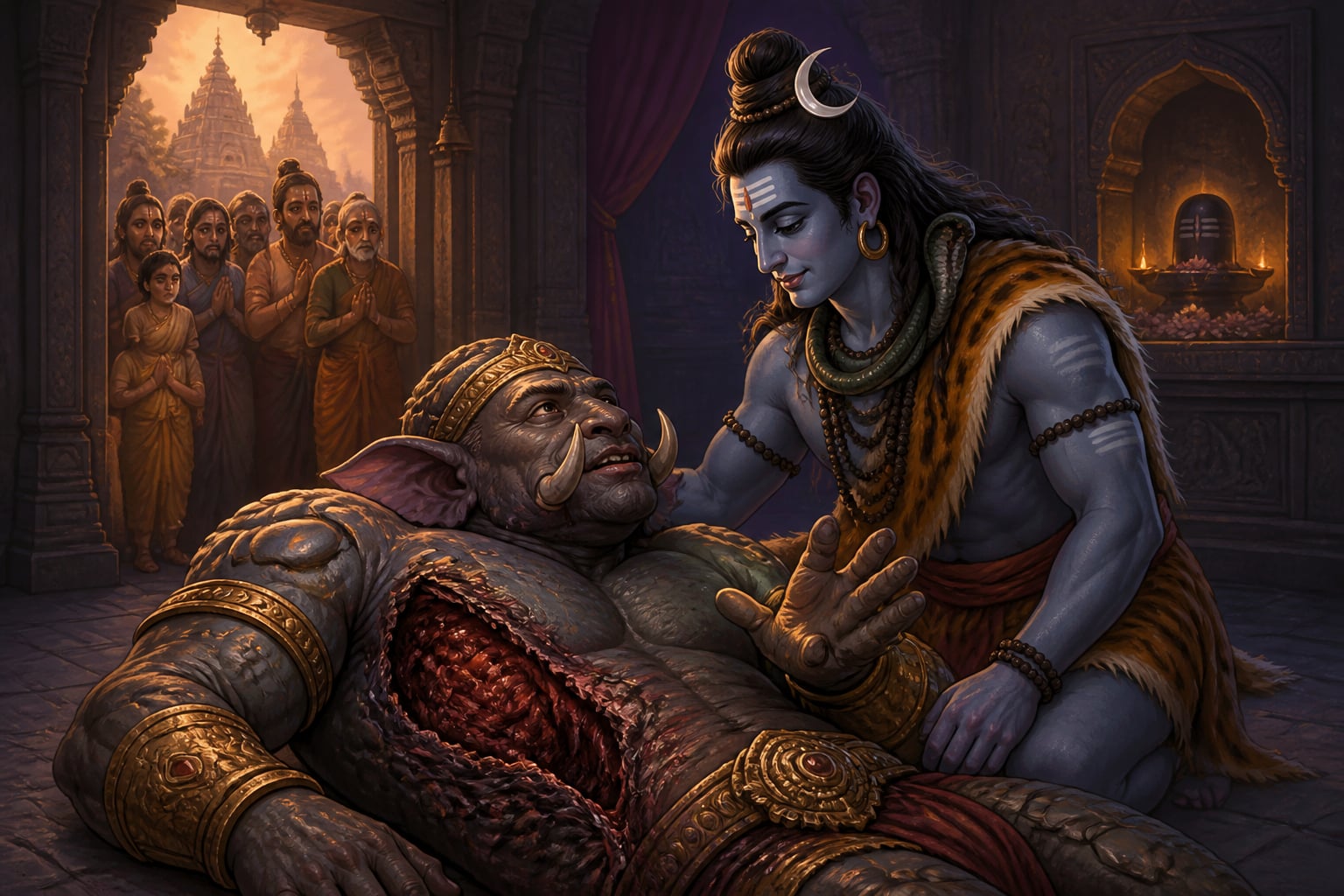 Dying Gajasura asking Shiva to wear his hide as a final offering