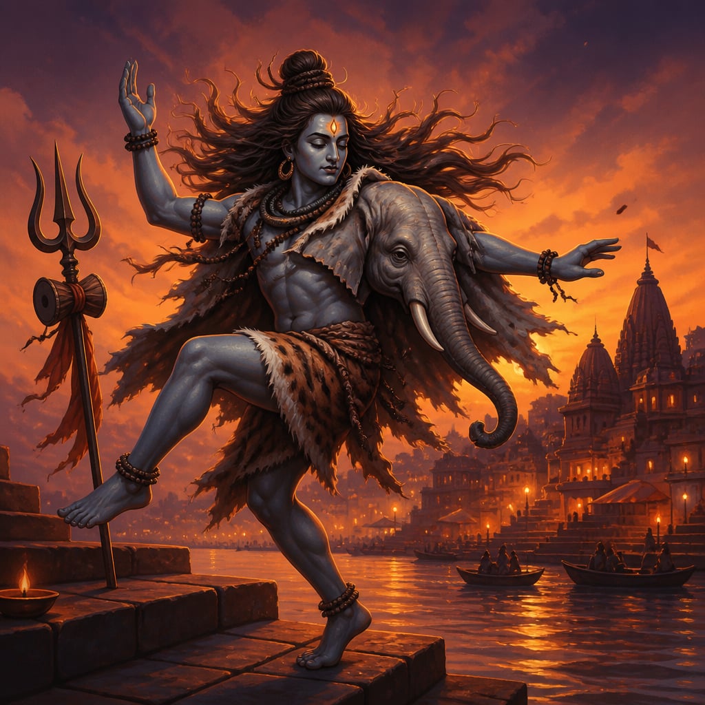 Shiva dances at Kashi wearing the elephant hide of Gajasura