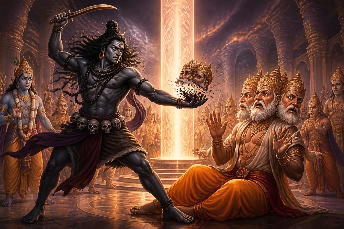 Bhairava severing the fifth head of Brahma in the cosmic assembly