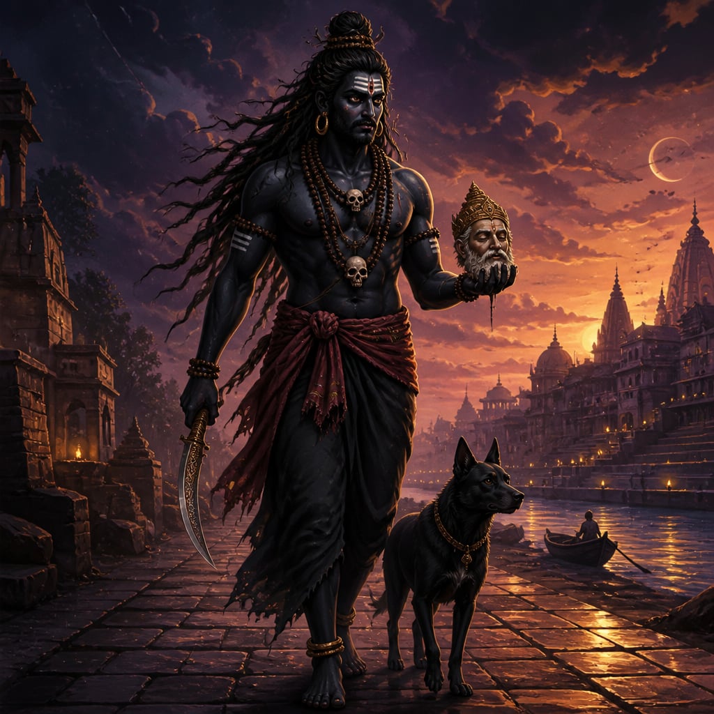 Kala Bhairava walks on his long penance carrying the stuck skull with a black dog at his heels