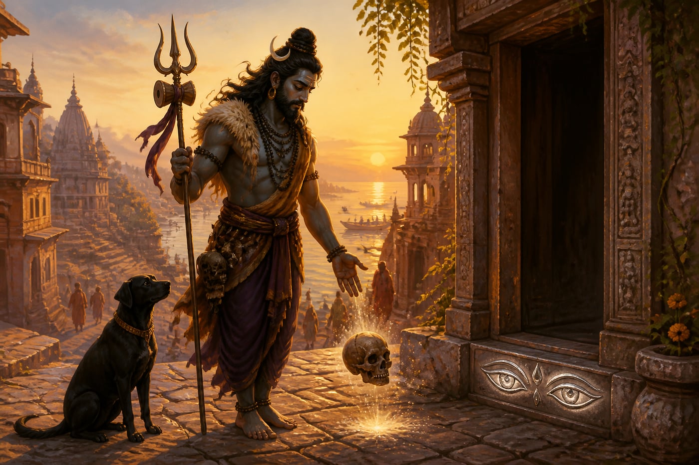 Bhairava arriving at Kashi as the long-stuck skull of Brahma falls from his palm