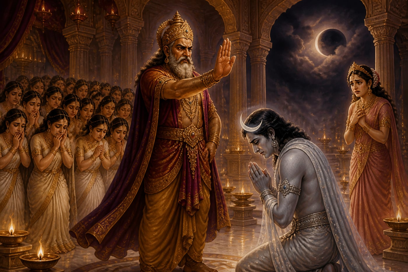 Daksha pronouncing the cosmic curse on Chandra the moon