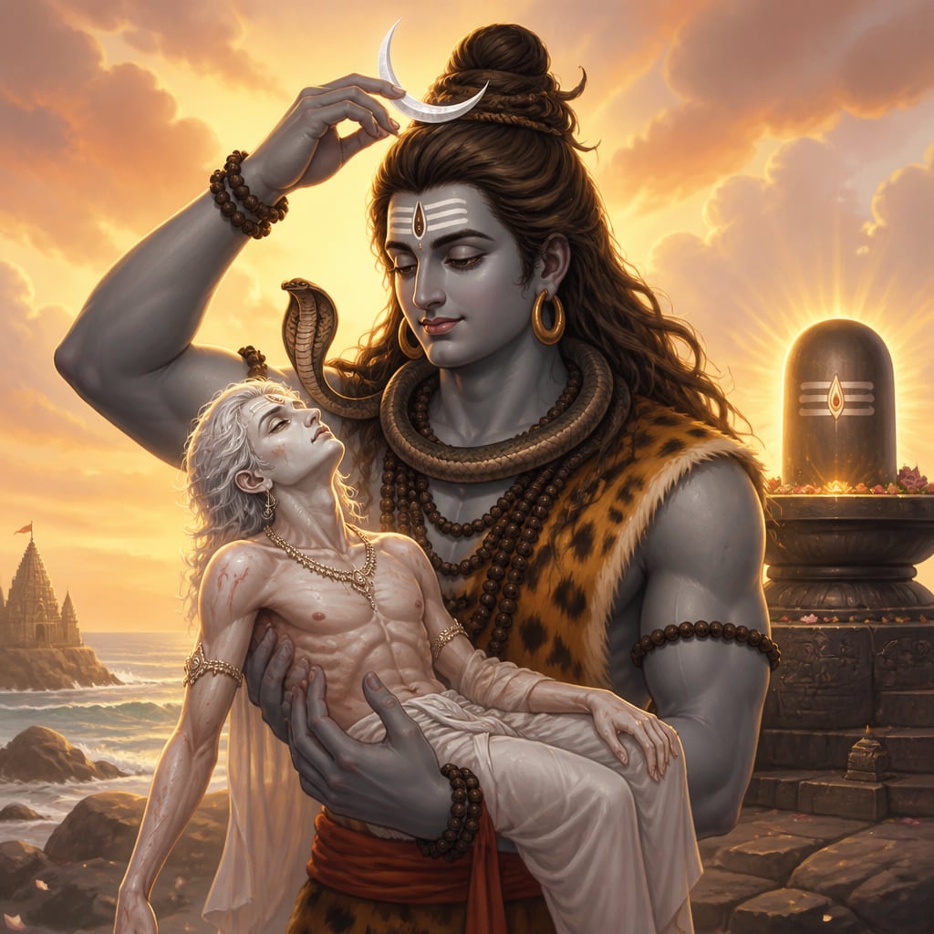 Shiva placing the silver crescent moon onto his own forehead as crown