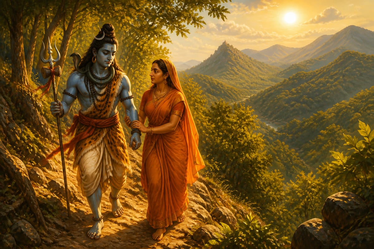 Shiva and Parvati climbing the hill of Krauncha to find Kartikeya