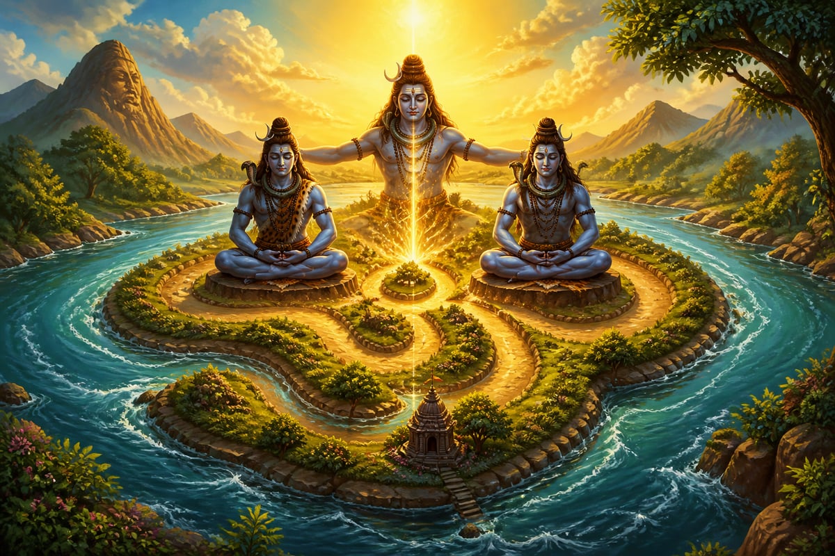 Shiva splitting into two forms on the Om-shaped Mandhata island
