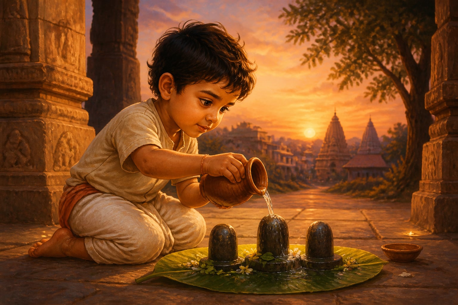 Five-year-old Shrikhar at the temple gate worshipping three small stones