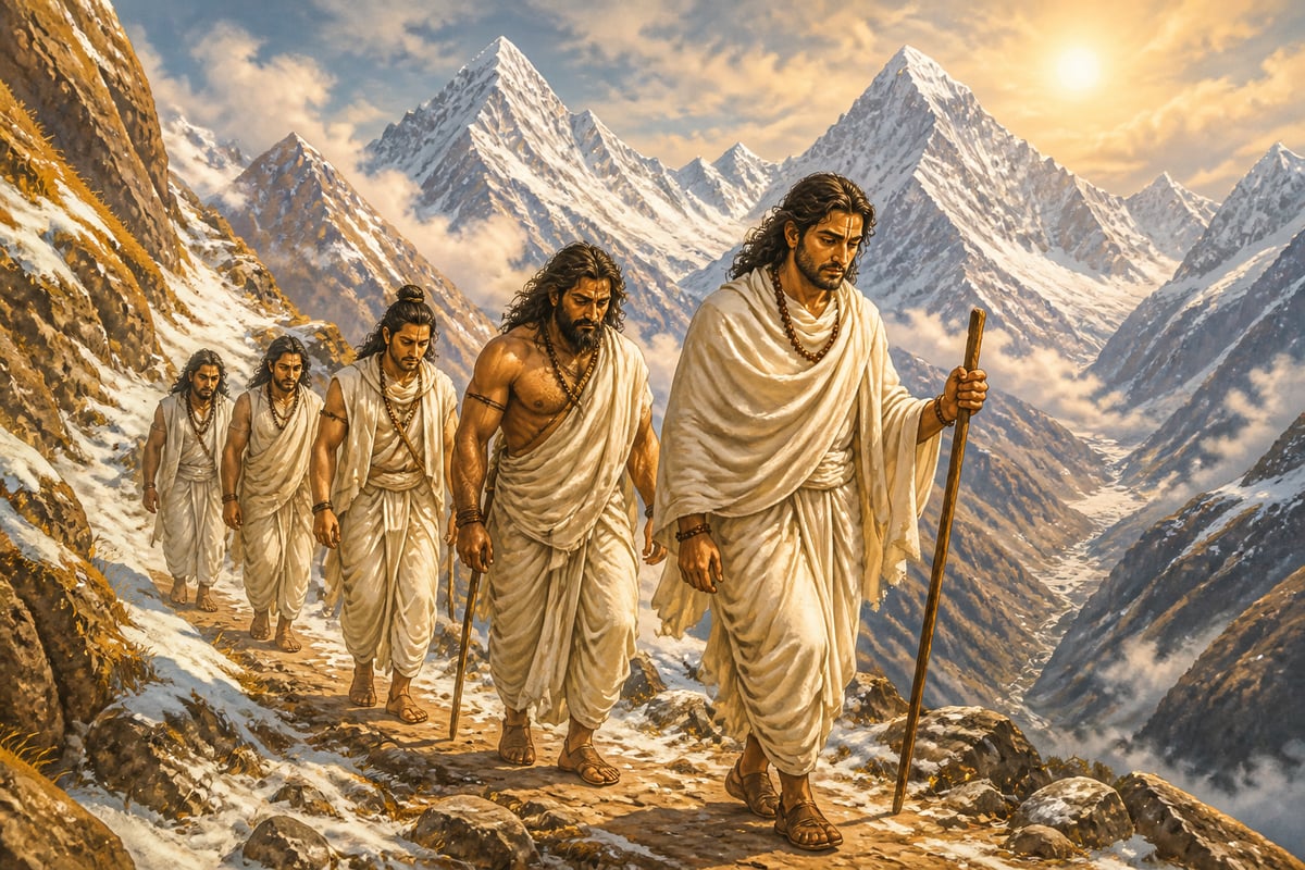 The Pandavas climbing the Himalayas in pilgrim cloth seeking Shiva