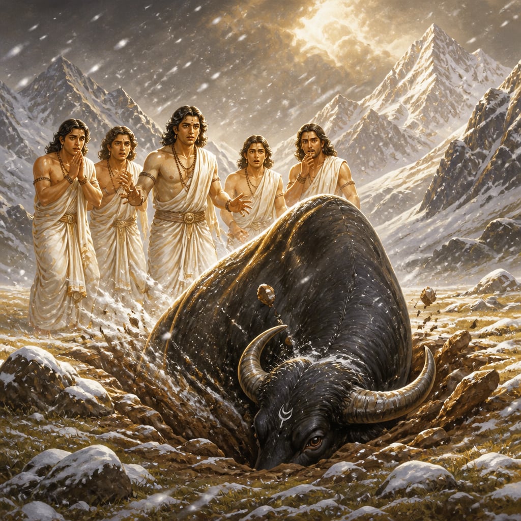 Shiva in disguised buffalo form diving into the snowy rock of a Himalayan meadow