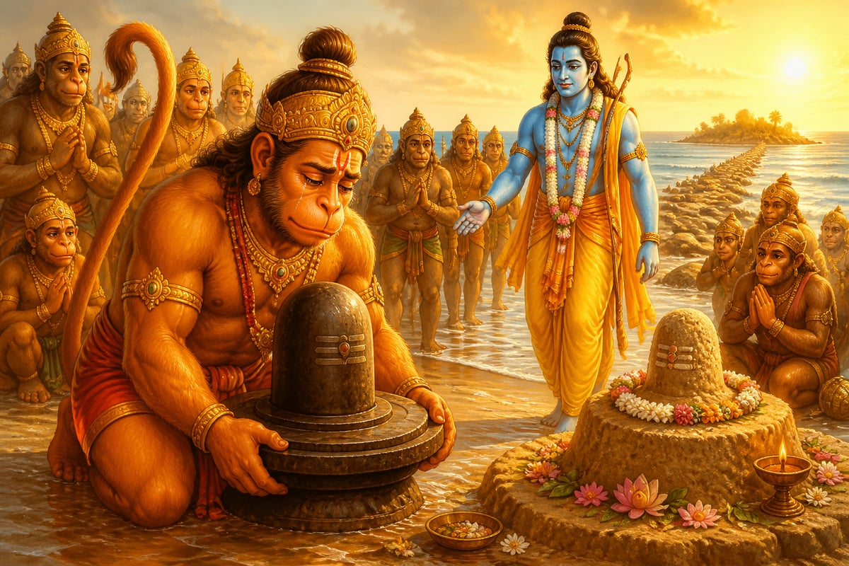 Hanuman returning with the stone Linga to find the sand Linga already installed