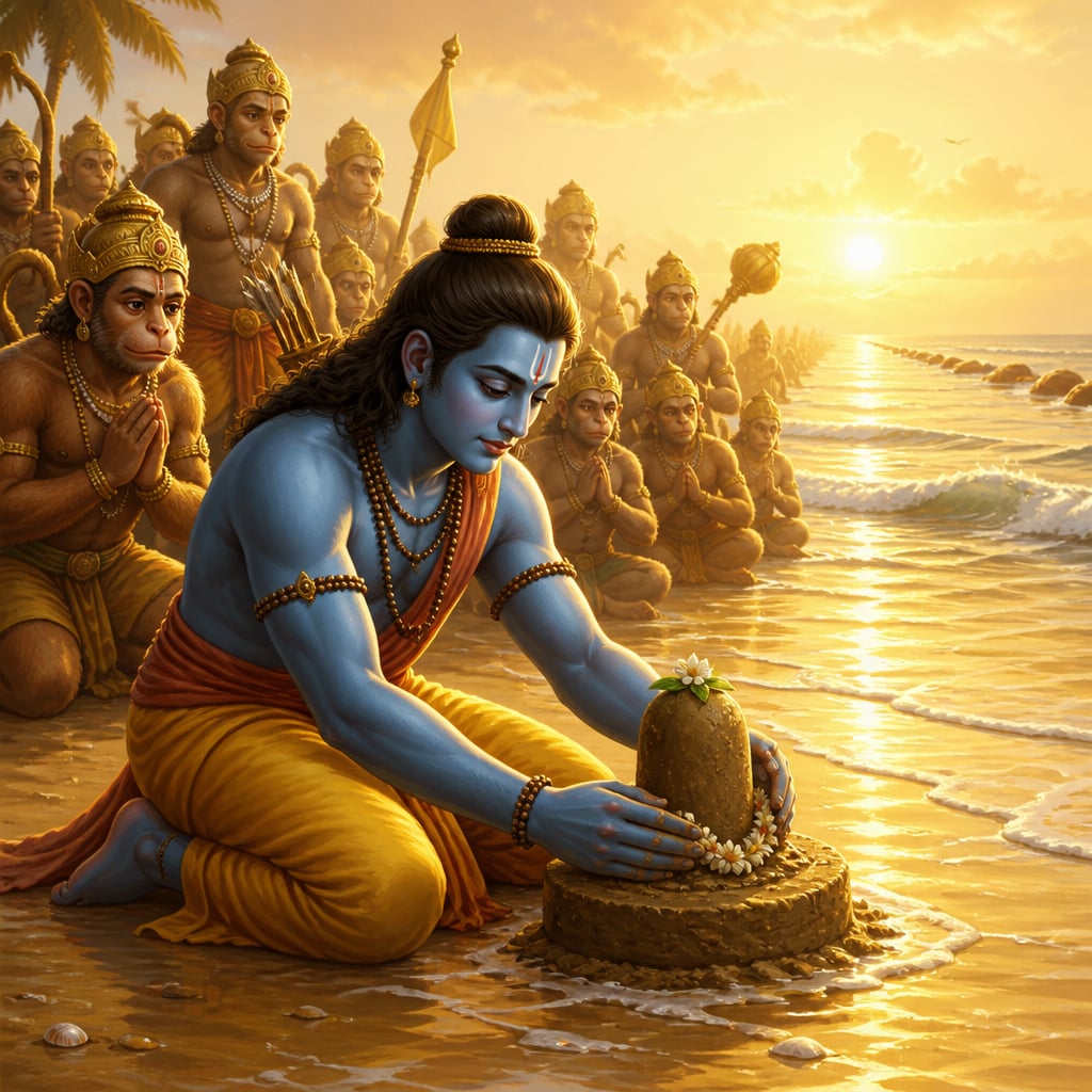 Rama kneeling on the Rameshwaram beach shaping a small Shivalinga from wet sea-sand