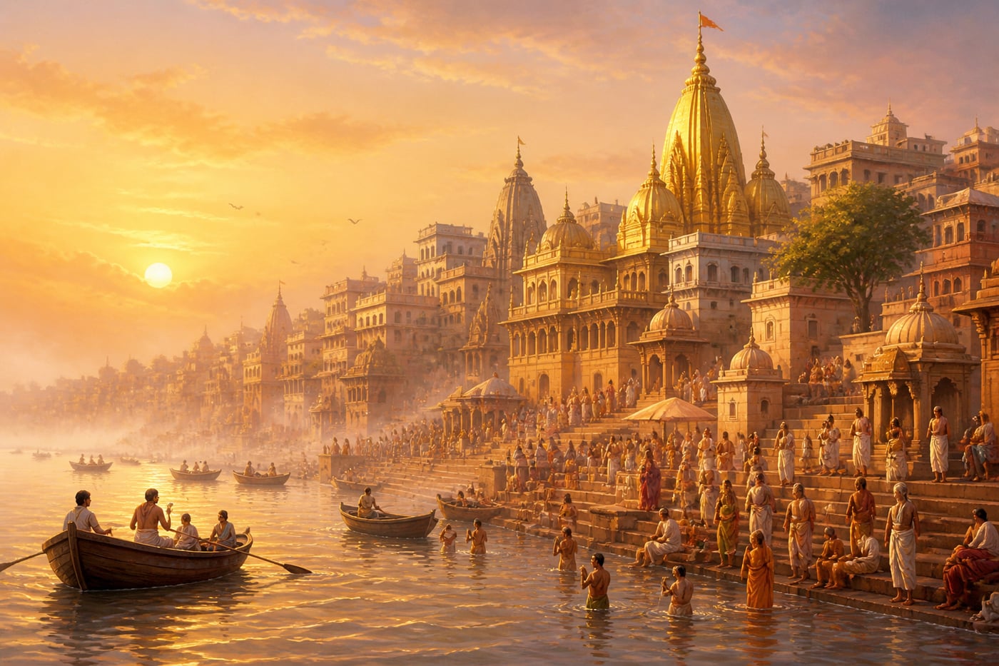 A wide vista of Kashi from the Ganga at first dawn