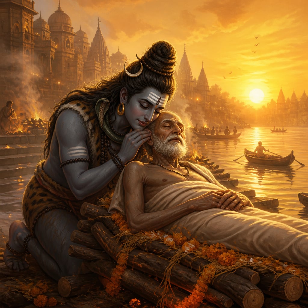 Shiva whispering the Tarak Mantra into the ear of a dying soul at Manikarnika ghat