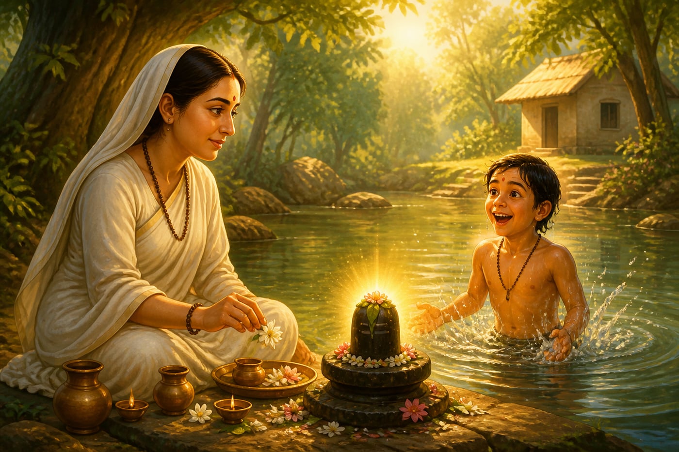 Ghushma's drowned son rising alive at her daily linga puja