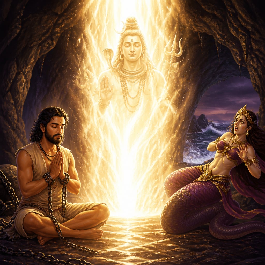 A pillar of pure white light rising from the floor of the dark Nageshwar cave
